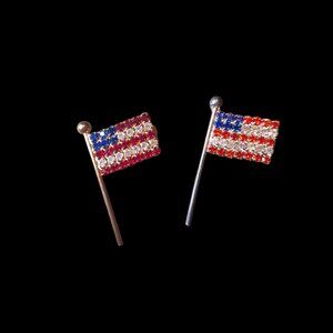 Pair Of Rhinestone‎ American Flag Brooch Pins With Gold & Silver Tones